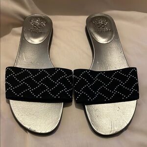 Vince Camuto Black and Silver Quilted Slide Sandals